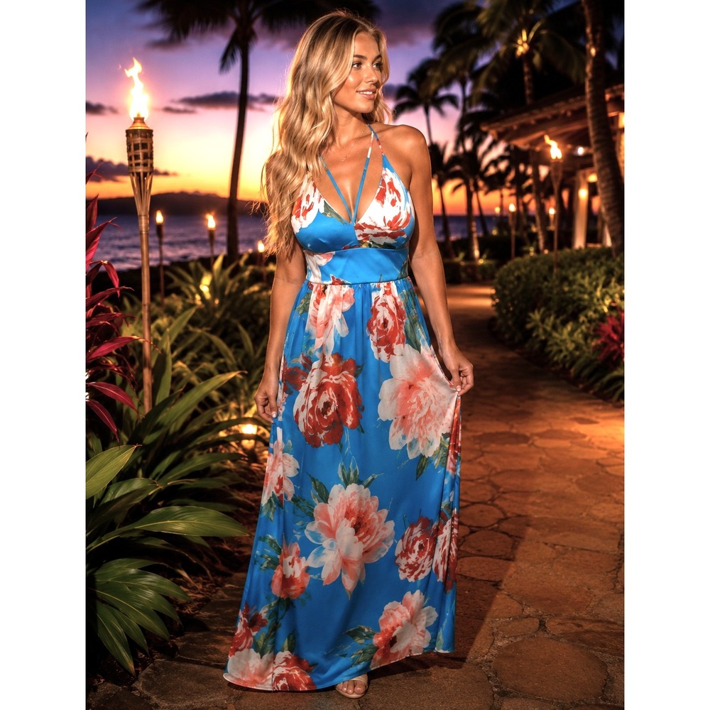 Bisou Bisou Blue Floral Maxi Dress Tropical Islandcore Romantic Flowy Women's 16